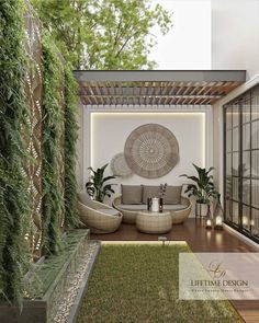 an outdoor living area with couches and plants