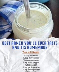 a recipe for homemade ranch dressing in a mason jar with a spoon sticking out of it