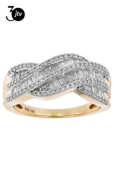 0.75ctw baguette and round white diamond, 10k yellow gold crossover band ring. Measures approximately 13/16"L x 3/8"W and is not sizeable. White rhodium enhanced prongs. 10k Gold, White Diamond, Band Ring, Crossover, Band Rings, Yellow Gold, Band, Ring, Yellow