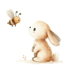 a watercolor painting of a bunny and a bee