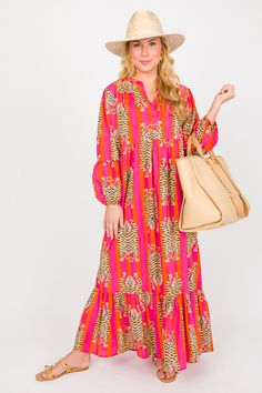 Eye Of The Tiger Maxi, Pink/Orange - New Arrivals - The Blue Door Boutique Pink Floral Dresses, Classy Clothing, Eye Of The Tiger, Top Sewing, Casual Styles, Pink Maxi, Flowers Bloom, Blue Door, Pink Floral Dress