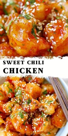 sweet and sour chicken with sesame seeds in a white bowl