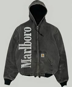 Marlboro Carhartt Grey Hooded Jacket Grey Jacket, Carhartt Jacket, Men's Leather Jacket, Embroidered Hoodie, Mode Inspo, Mode Vintage, Leather Jacket Men, Look Cool