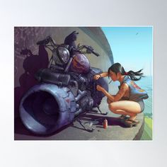 a woman kneeling down next to a motorcycle poster