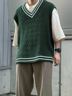 Vert sapin Casual Collar  Étoffe Rayé  Embellished Extensibilité légère Male Sweater Vest Outfit, Baggy Sweater Vest Outfit, Baggy Vest Outfit, Male Vest Outfit, Baggy Style Boys, Knitted Vest Outfit Men, Sweater Vest Outfit Mens, Vest Outfits Men, Green Sweater Vest