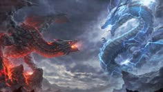 two large dragon standing next to each other on top of a rocky mountain covered in clouds