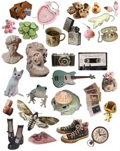 many different items are grouped together in the shape of a collage on white paper