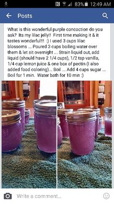 three jars filled with purple liquid sitting on top of a table