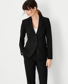 Worn head-to-toe or mix-and-matched, our endlessly flattering seasonless stretch blazer is a suiting essential you'll wear season after season. Notched lapel. Long button-open sleeves allow for versatility in styling. Two-button front. Front flap besom pockets. Back vent. Shop all Seasonless Stretch Suiting,Bullet3:25" long,Hit:Hits at hip,Imported:Imported,Fit:Tailored fit,Fabrication:Shell: 68% Polyester, 29% Viscose, 3% Spandex; Body Lining: 100% Polyester; Sleeve Lining: 95% Polyester, 5% Sp Suits For Petite Women, Virgo Midheaven, Womens Black Suit, Black Suit Women, Nyc Work, Open Sleeves, 2024 Outfits, Black Wool Blazer, Knitted Suit