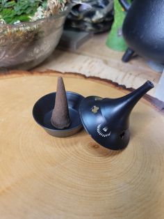 two small black objects sitting on top of a wooden table next to potted plants