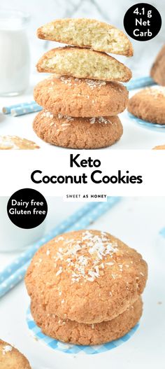 three cookies stacked on top of each other with the words keto coconut cookies above them