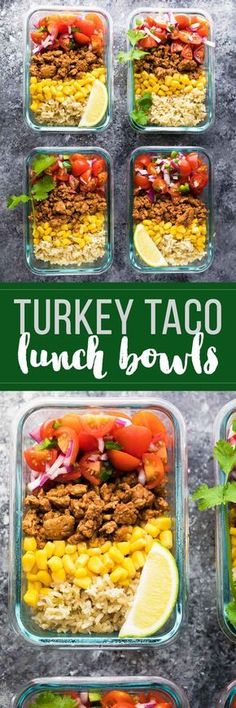 the turkey taco lunch bowls are packed in glass containers with limes and cilantro