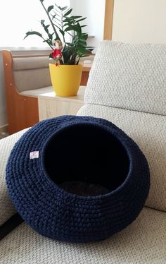 a cat bed sitting on top of a couch next to a potted plant