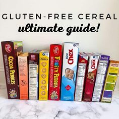 the gluten - free cereal ultimate guide is on display in front of a white wall