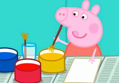 peppa the pig is painting with paint and brushes