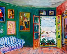 a painting of a living room with paintings on the wall and couch in front of an open door