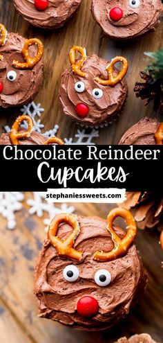 chocolate reindeer cupcakes with pretzels on top