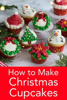 how to make christmas cupcakes with frosting and decorations on top, in front of