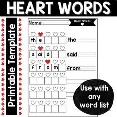 heart words worksheet for valentine's day