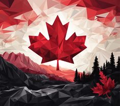 the canadian maple leaf is shown in this low poly art print, which features mountains and trees