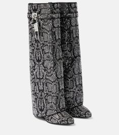 Find GIVENCHY Shark Lock Snake-effect Knee-high Boots on Editorialist. Upper: fabric. Lining: fabric. Sole: leather insole and sole. Toe shape: almond toe. Made in Italy. Includes: shoe box, dust bags. Designer color name: Grey/Natural. Givenchy Shark Boots, Grey Over Knee Boots, Givenchy Design, Shark Lock Boots, Givenchy Shark, Givenchy Boots, Almond Toe Boots, Pink Nike Shoes, Hat Jewelry