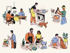 people are cooking and preparing food in the kitchen, while another person is sitting at the table