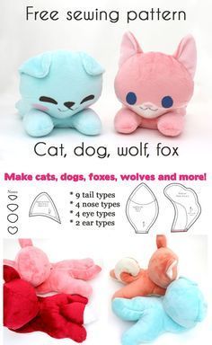 the instructions for how to make a cat and dog stuffed animal pattern are shown in three different colors