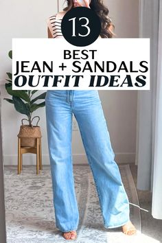 Save this pin for 13+ super cute outfits with jeans and sandals! If you want to wear flare jeans, mom jeans, blue jeans, bootcut jeans, white jeans, or wide leg jeans with chunky sandals or platform sandals, then you'll love these ideas. Tap to learn more on how to style jeans with sandals! Outfits To Wear With Sandals, Outfits With Sandals And Jeans, Jeans And Sandals Outfit, Jean Sandals Outfit, Outfits With Sandals, Nude Heels Outfit, Jeans With Sandals, Super Cute Outfits