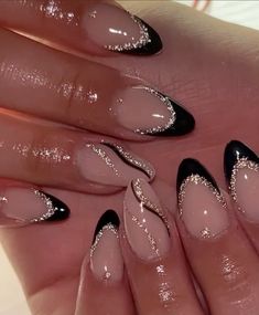 Nails For Fancy Occasions, Black Dressy Nails, Sparkly Black Nails French Tips, New Year Almond Nails Design, Black And Glitter Almond Nails, Gel Nail Designs Nye, Cute New Years Nails Almond, New Years Acrylic Nail Ideas