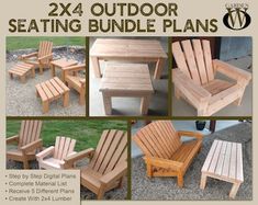 wooden chairs and tables made out of pallets with text overlay that says, 24x4 outdoor seating bundle plans