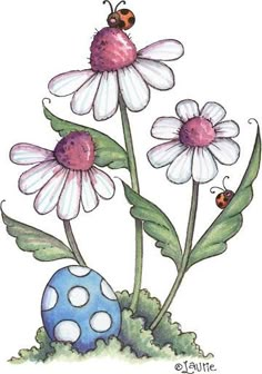 two daisies and a ladybug are in the grass near a blue egg