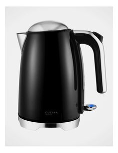 a black and silver electric kettle on a white background