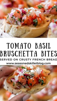 this is an image of some bread with tomatoes and cheese on it, along with the words tomato basil bruschetta bites served on crusty french bread