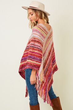 Acrylic. available in blue One Size Casual Poncho For Spring, Casual Shawl Poncho For Spring, One Size Shawl Poncho For Spring, Casual Multicolor Poncho For Winter, Casual Multicolor Fall Poncho, Trendy One-size Poncho For Spring, Cozy Multicolor Poncho, Casual Multicolor Shawl Poncho, Multicolor Casual Shawl Poncho