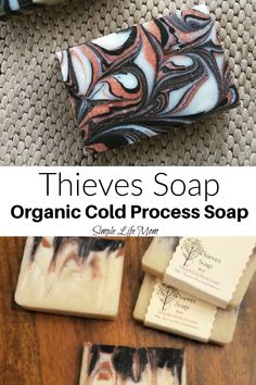 three soap bars on top of each other with the words, these soap organic cold process soap