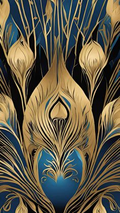 an art nouveau design with gold feathers and blue background