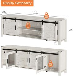 two white cabinets with orange labels on the front and back doors are shown in three different positions