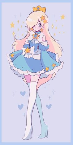 a drawing of a girl in a dress with stars on her head and long blonde hair