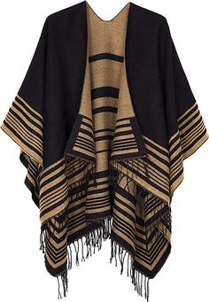 Urban CoCo Women's Printed Tassel Open front Poncho Cape Cardigan Wrap Shawl (Series 12-black) at Amazon Women’s Clothing store Looks Hippie, Fashion Design Inspiration, Open Front Poncho, Poncho Coat Cape, Poncho Pullover, Womens Poncho, Blanket Shawl, Oversized Sweater Cardigan, Plaid Sweater