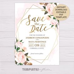 save the date card with pink flowers and gold foil