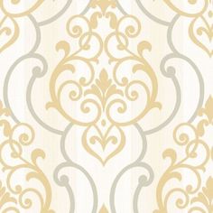 an ornate wallpaper pattern with gold and grey swirls on white background, suitable for use in interior or exterior design