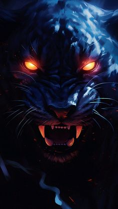 an evil tiger with glowing eyes and fangs