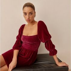 I Love This Dress, I Just Never Had The Opportunity To Wear It! New With Tags, Never Worn Before. Xs / Size 0 Sleeved Velvet Dress, Silky Shirt, Long Sleeve Velvet Dress, Reformation Dress, Velvet Top, Reformation Dresses, Puffed Sleeves, Long Sleeve Mini, Spring Summer Outfits