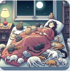 a woman laying in bed surrounded by cats