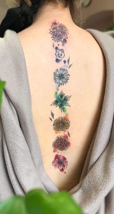 the back of a woman's neck with flowers on it