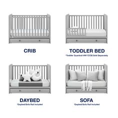 four baby cribs with different types of bedding and pillows on them, all labeled in blue