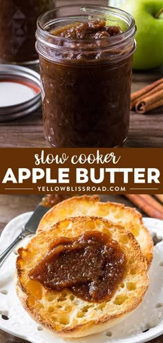 slow cooker apple butter on a plate next to an apple and cinnamon spread in a jar