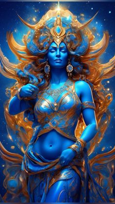 a woman with blue skin and gold hair