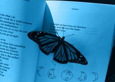 an open book with a butterfly sitting on it's cover and the pages are blue