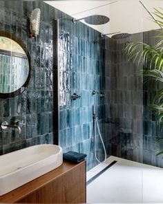 a bathroom with a shower, sink and mirror in it's center area next to a potted plant